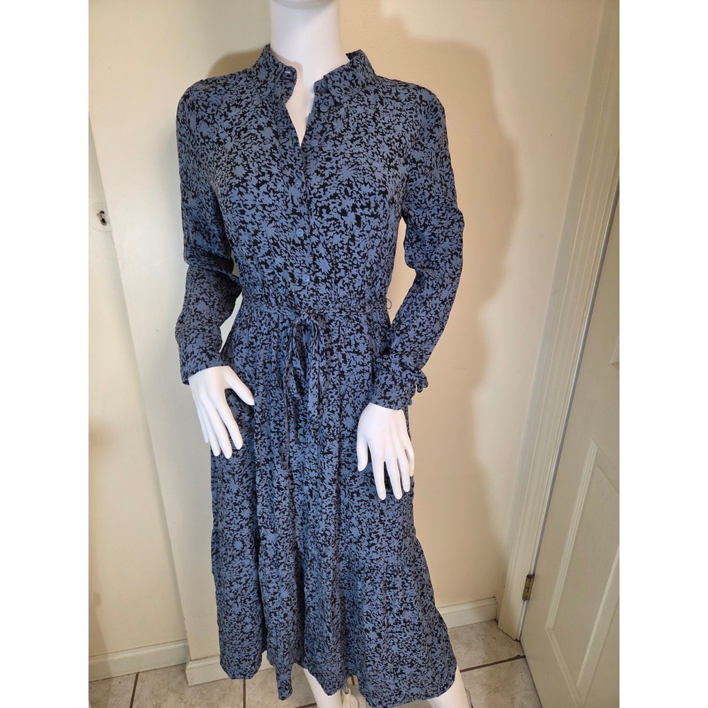 Whistles Blue Black Abstract Floral Print Midi Shirt Dress US 2 UK 6 Tiered